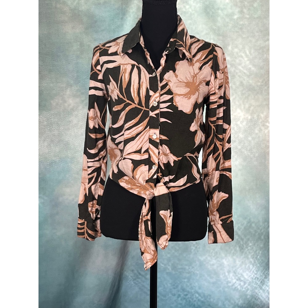 Rachel Zoe Women Brown Pink Tropical Floral Linen Blend Tie Front Crop Shirt S